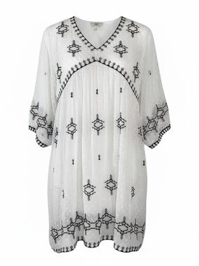 MAX White Embroidered V-Neck Boho Tunic Dress Size Large